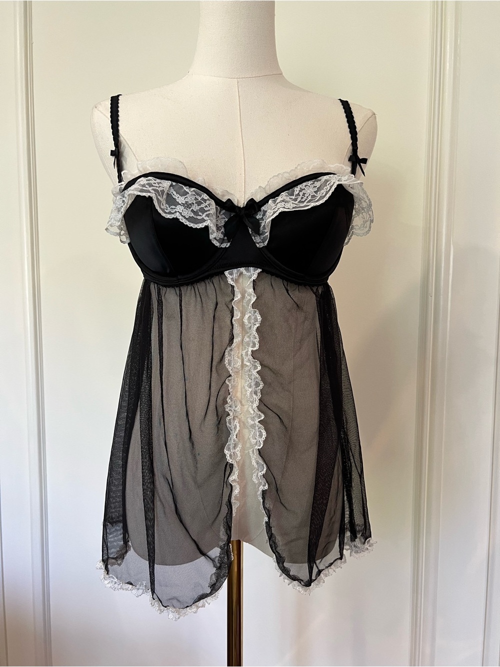 Victoria's Secret Sexy Little Things Babydoll Black Mesh White Lace Coquette 34C